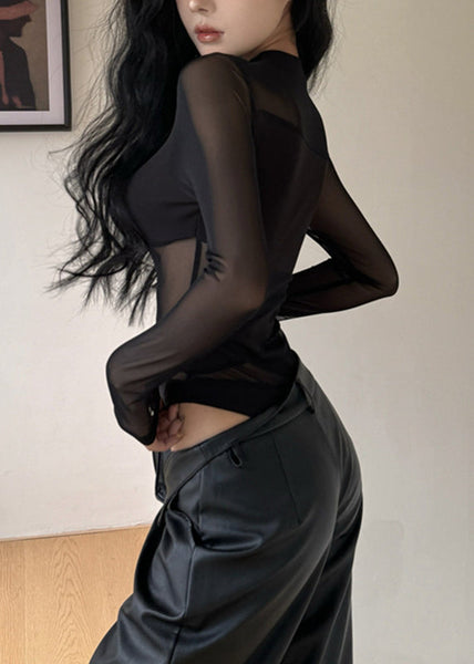 Mesh Bodysuit Patchwork Black O-Neck Style FashionChic