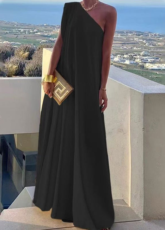 Shoulder Summer Black Dresses Party One Style Cotton Long FashionChic