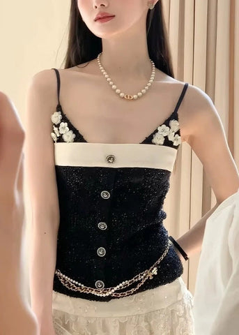 Vests Patchwork Black Cotton Flower Style Summer FashionChic