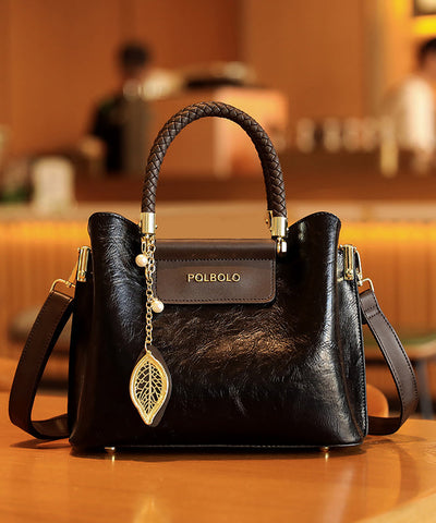 Durable Solid Black Leather Calf Handbag Style Tote FashionChic