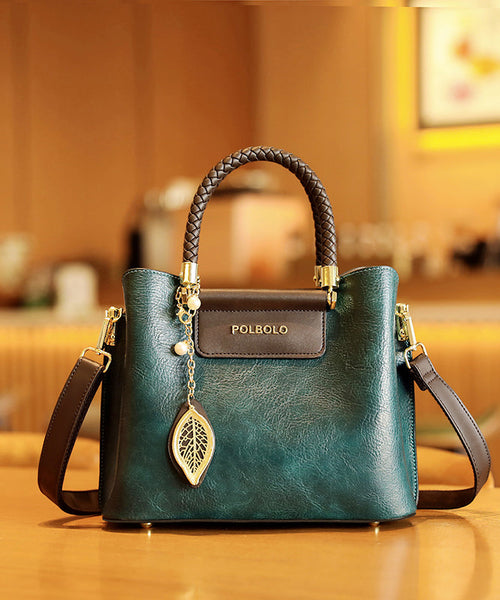 Durable Solid Black Leather Calf Handbag Style Tote FashionChic