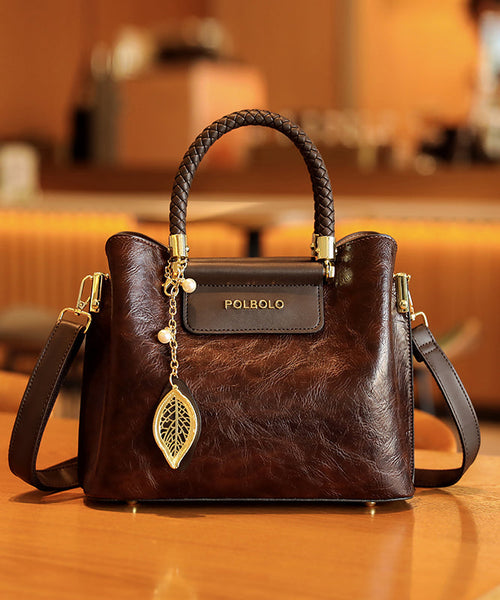 Durable Solid Black Leather Calf Handbag Style Tote FashionChic