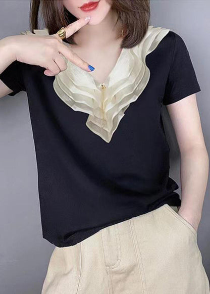 Style Black V Neck Ruffled Patchwork Silk Blouse Tops Summer BV012 MZF-STP240702