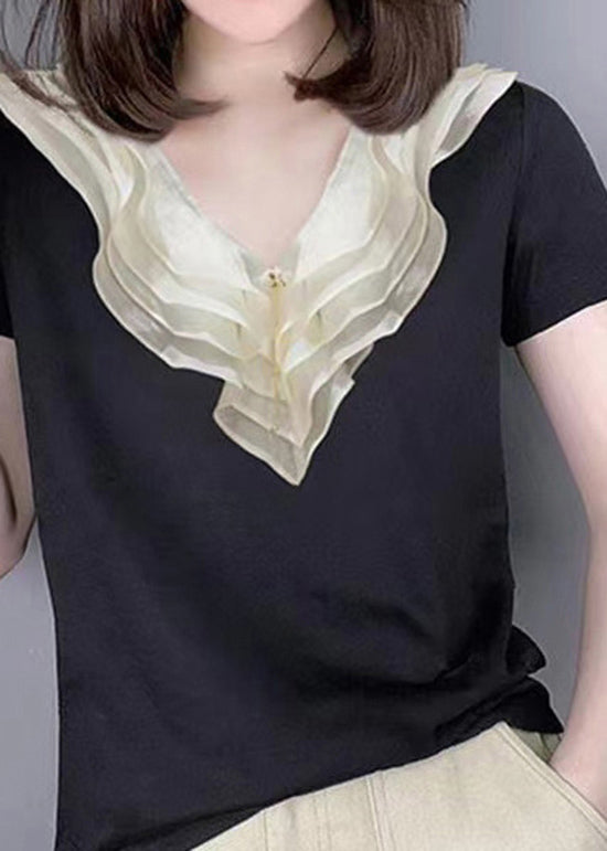 Style Black V Neck Ruffled Patchwork Silk Blouse Tops Summer BV012 MZF-STP240702