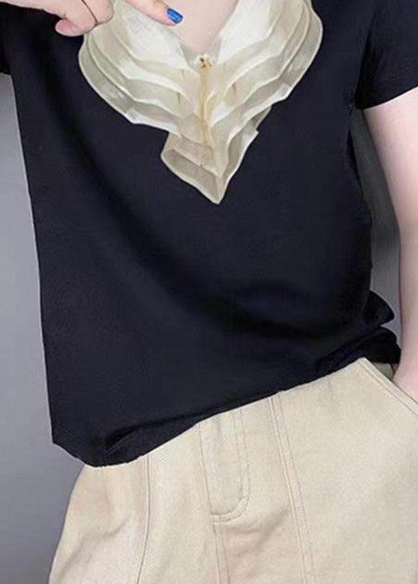 Style Black V Neck Ruffled Patchwork Silk Blouse Tops Summer BV012 MZF-STP240702