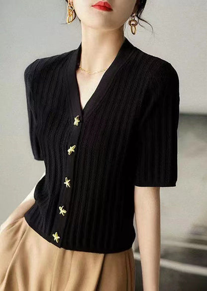 Style Black V Neck Silm Fit Knit Shirt Summer TZ016