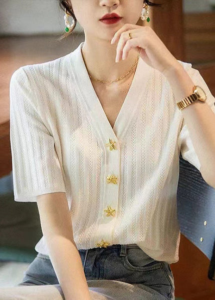 Chemise en maille noire à col en V et coupe ajustée, style été TZ016