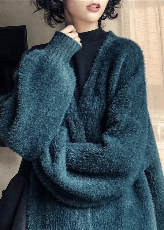 Style Blackish Green V Neck Mink Hair Knitted Cardigan Winter RL008 ABC