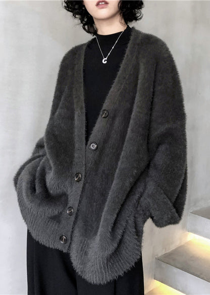 Style Blackish Green V Neck Mink Hair Knitted Cardigan Winter RL008 ABC