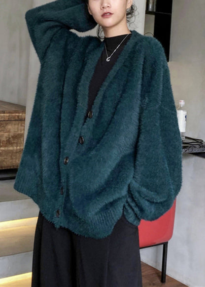 Style Blackish Green V Neck Mink Hair Knitted Cardigan Winter RL008 ABC