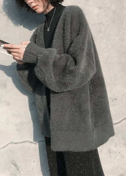 Style Blackish Green V Neck Mink Hair Knitted Cardigan Winter RL008 ABC