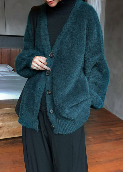 Style Blackish Green V Neck Mink Hair Knitted Cardigan Winter RL008 ABC