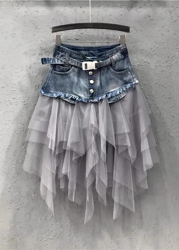 Style Blue Asymmetrical Tulle Patchwork Denim Skirts Summer QQ1052 Ada Fashion