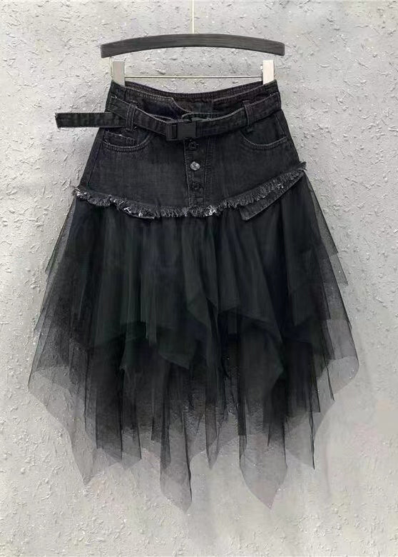 Style Blue Asymmetrical Tulle Patchwork Denim Skirts Summer QQ1052 Ada Fashion