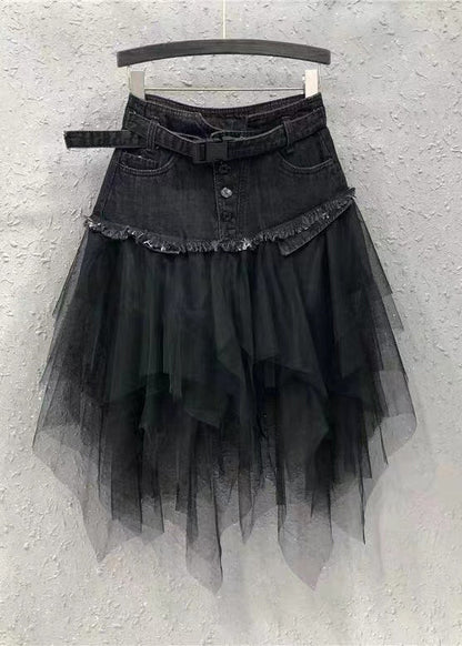 Style Blue Asymmetrical Tulle Patchwork Denim Skirts Summer QQ1052 Ada Fashion