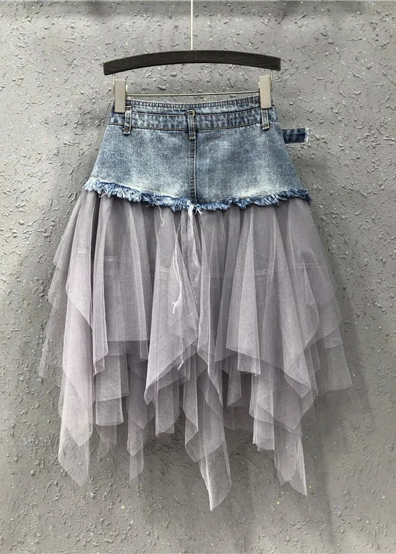 Style Blue Asymmetrical Tulle Patchwork Denim Skirts Summer QQ1052 Ada Fashion