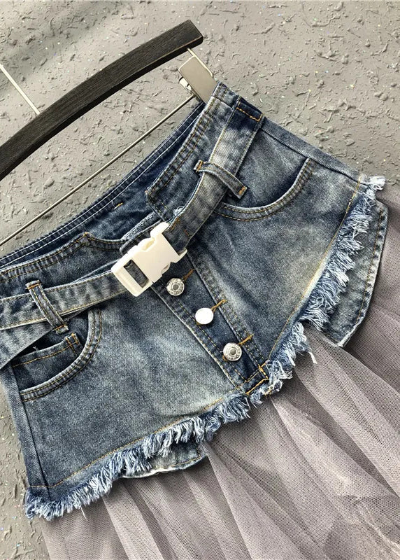 Style Blue Asymmetrical Tulle Patchwork Denim Skirts Summer QQ1052 Ada Fashion