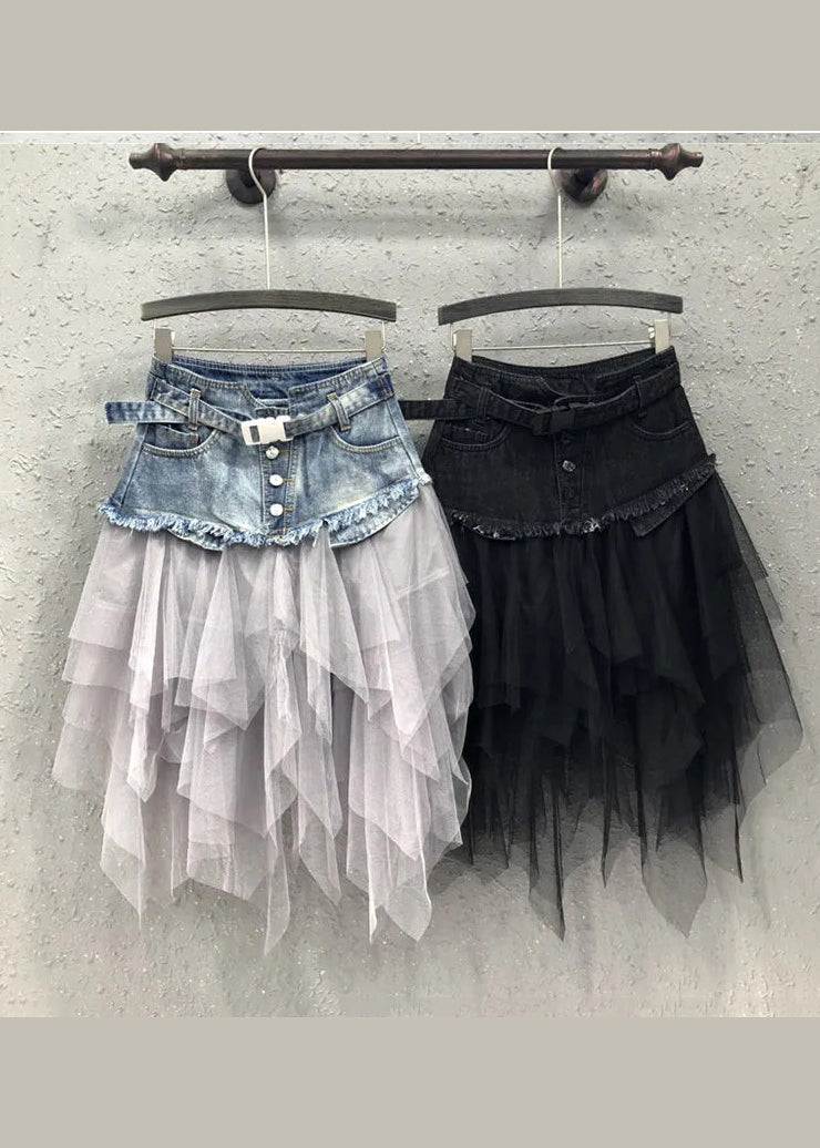 Style Blue Asymmetrical Tulle Patchwork Denim Skirts Summer QQ1052 Ada Fashion