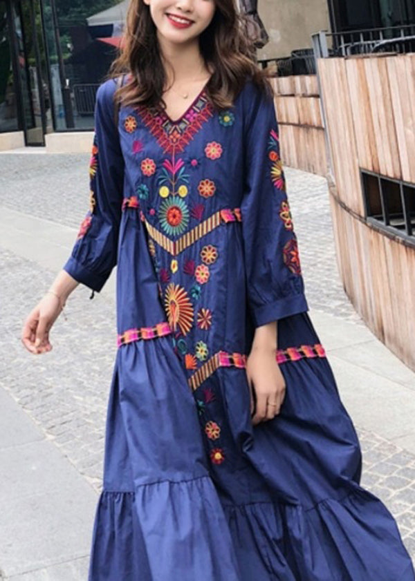 Style Blue Embroidered Exra Large Hem Cotton Dress Summer YY022 OL-SDL2408-16