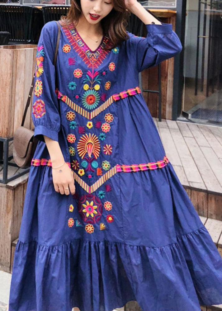 Style Blue Embroidered Exra Large Hem Cotton Dress Summer YY022 OL-SDL2408-16