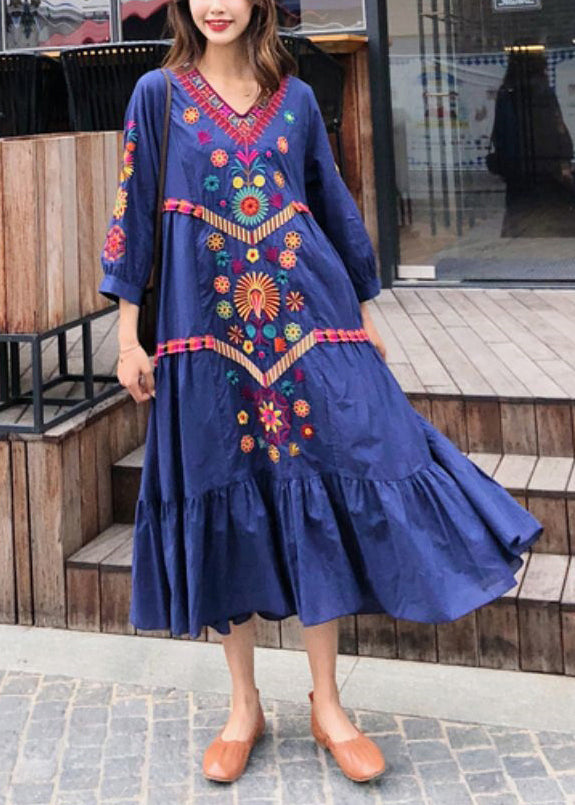 Style Blue Embroidered Exra Large Hem Cotton Dress Summer YY022 OL-SDL2408-16