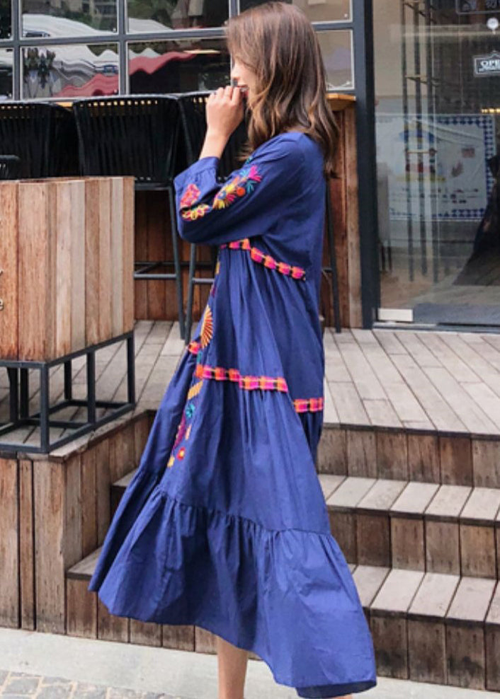 Style Blue Embroidered Exra Large Hem Cotton Dress Summer YY022 OL-SDL2408-16