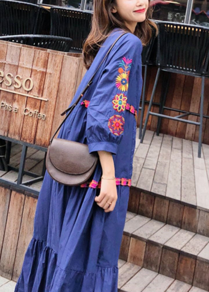 Style Blue Embroidered Exra Large Hem Cotton Dress Summer YY022 OL-SDL2408-16