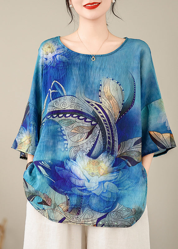 Style Blue O-Neck Print Top Batwing Sleeve AP094 GK-HTP240718