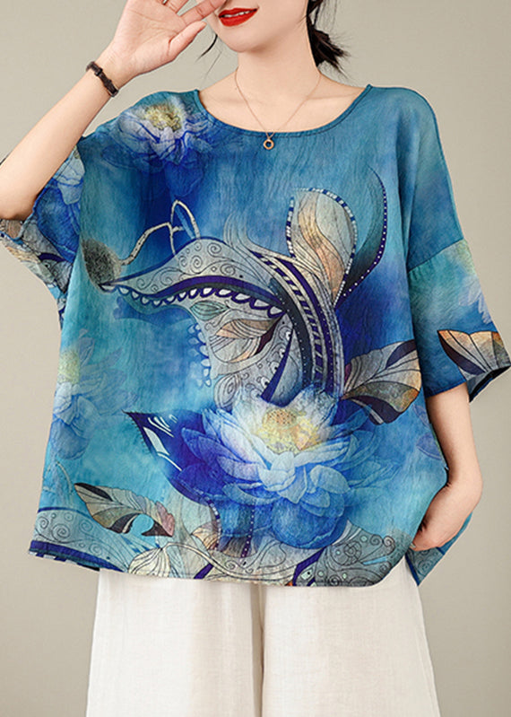 Style Blue O-Neck Print Top Batwing Sleeve AP094 GK-HTP240718