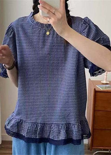 Plaid Top Blue Lace Summer Patchwork Style FashionChic