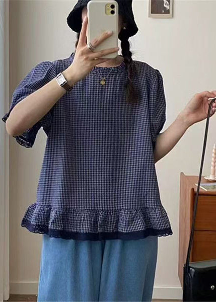 Plaid Top Blue Lace Summer Patchwork Style FashionChic