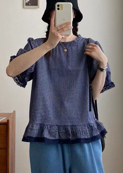 Plaid Top Blue Lace Summer Patchwork Style FashionChic