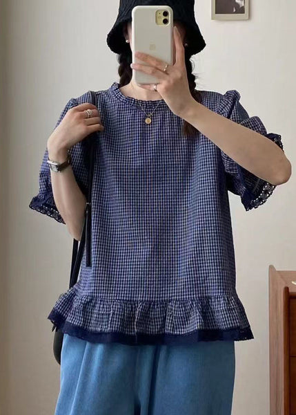 Plaid Top Blue Lace Summer Patchwork Style FashionChic