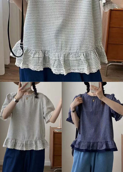 Plaid Top Blue Lace Summer Patchwork Style FashionChic