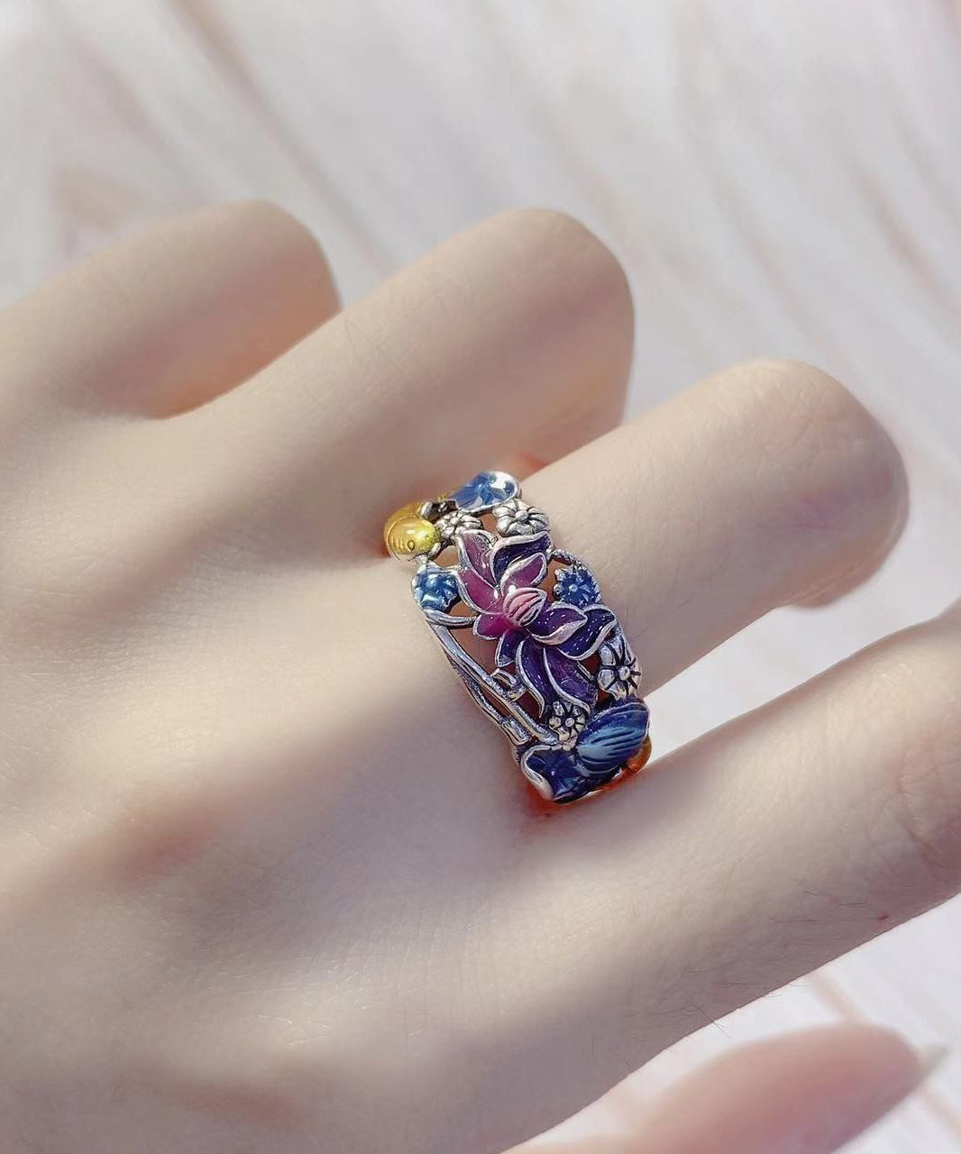 Style Blue Sterling Silver Cloisonne Brocaded Carp Rings YI021 ABC