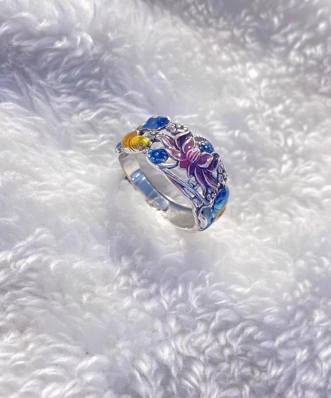 Style Blue Sterling Silver Cloisonne Brocaded Carp Rings YI021 ABC