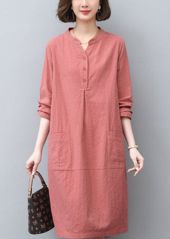 Tea Spring Dress Cotton Pockets Brick Red Style FashionChic