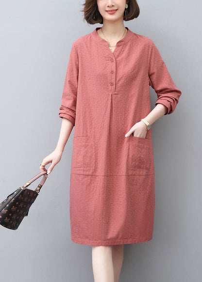 Tea Spring Dress Cotton Pockets Brick Red Style FashionChic