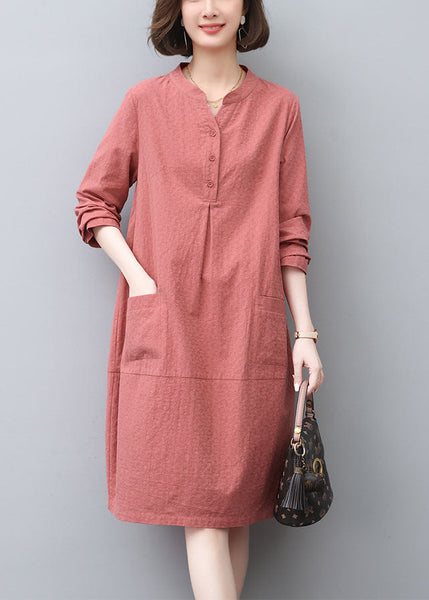 Tea Spring Dress Cotton Pockets Brick Red Style FashionChic
