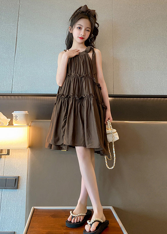 Style Coffee Ruffled Patchwork Solid Slip Mid Dresses Summer GF008 MM-RCTZ-SDM230724