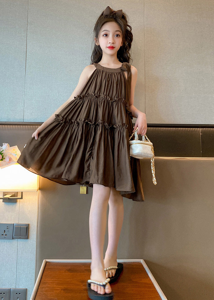 Style Coffee Ruffled Patchwork Solid Slip Mid Dresses Summer GF008 MM-RCTZ-SDM230724