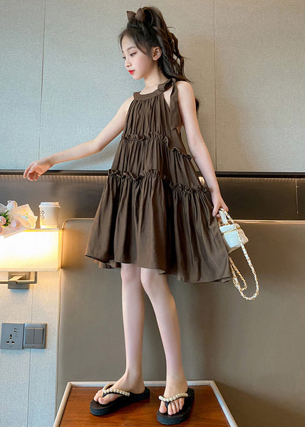 Style Coffee Ruffled Patchwork Solid Slip Mid Dresses Summer GF008 MM-RCTZ-SDM230724