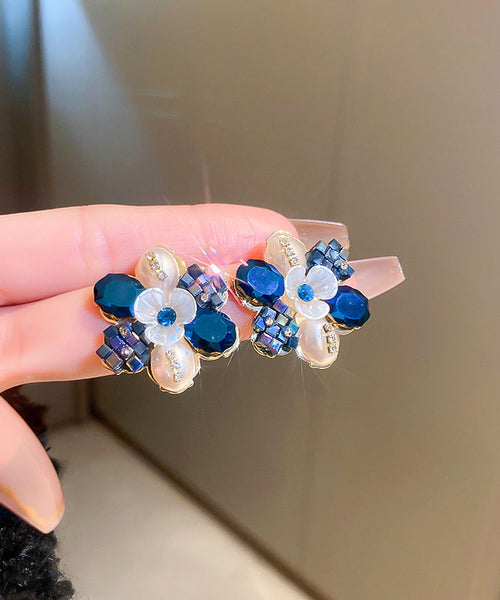 Style Colorblock Copper Pearl Zircon Floral Stud Earrings ET016 ABC