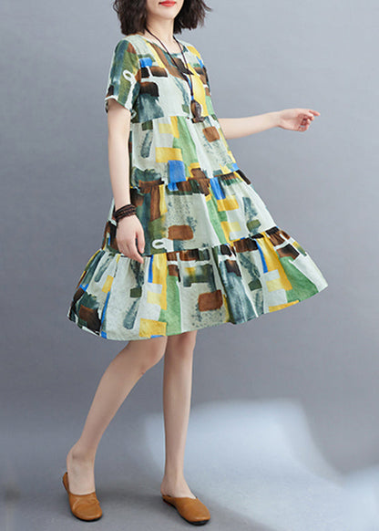 Style Colorblock Ruffled Patchwork Mid Dress Short Sleeve VB1018 Ada Fashion
