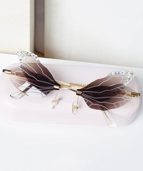 Style Frameless Diamond Inlaid Bee Butterfly Sunglasses Brown XS1085 Ada Fashion