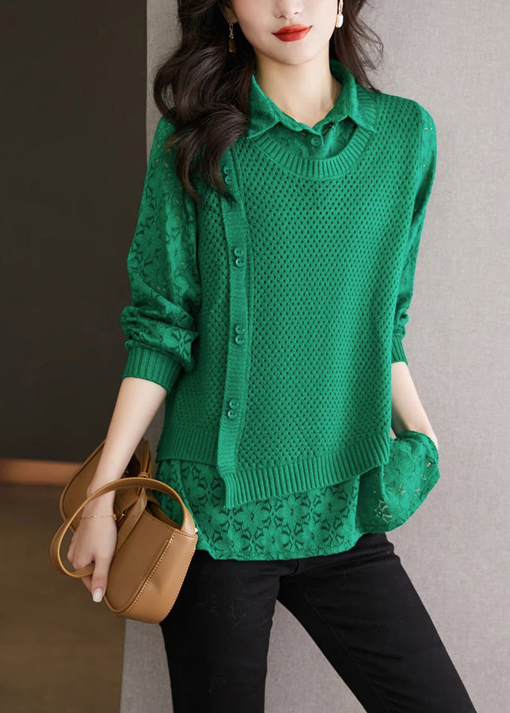 Style Green Peter Pan Collar Fake Two Pieces Lace Patchwork Knit Sweater Fall WR029 OL-NTP241103