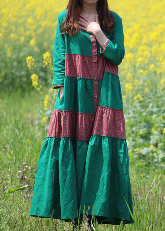 Style Green Print Pockets Maxi Dress Long Sleeve VB1029 Ada Fashion