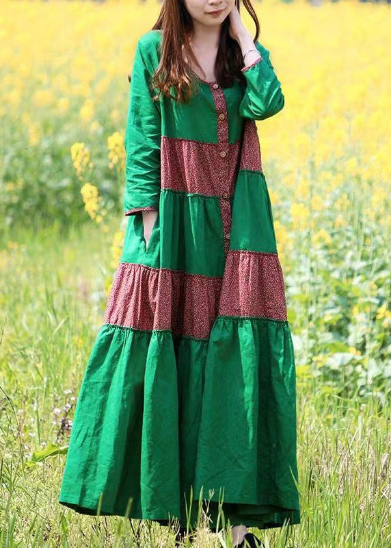 Style Green Print Pockets Maxi Dress Long Sleeve VB1029 Ada Fashion