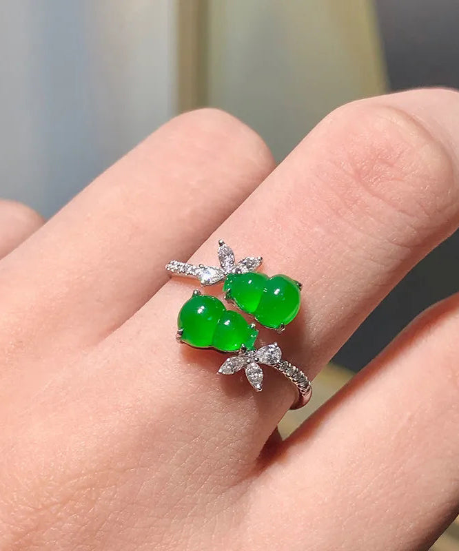 Style Green Sterling Silver Inlaid Zircon Jade Gourd Rings AC1054 Genistyle Shop