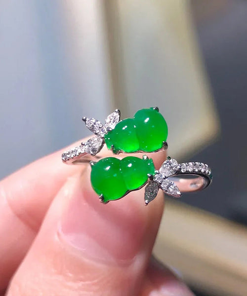 Style Green Sterling Silver Inlaid Zircon Jade Gourd Rings AC1054 Genistyle Shop